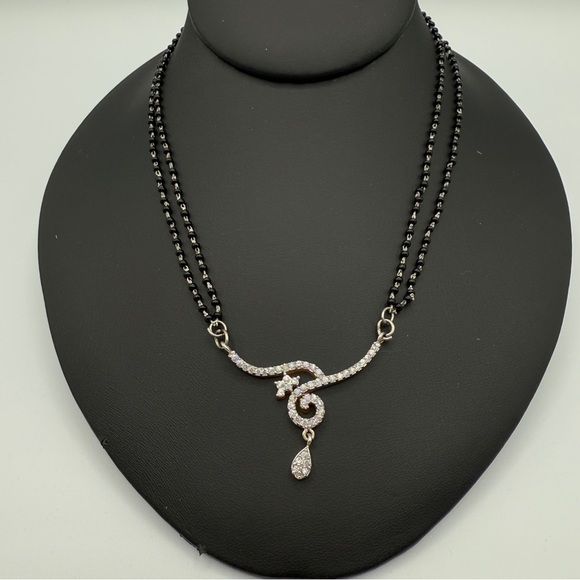 Dainty Necklace with Black Beaded Chain and CZ studded Asymmetrical Pendant - Picture 1 of 13